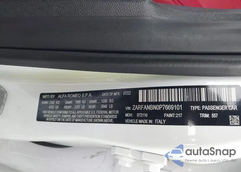 2023 Alfa Romeo Giulia Veloce Awd from USA, damaged, VIN ZARFANBN0P7669101